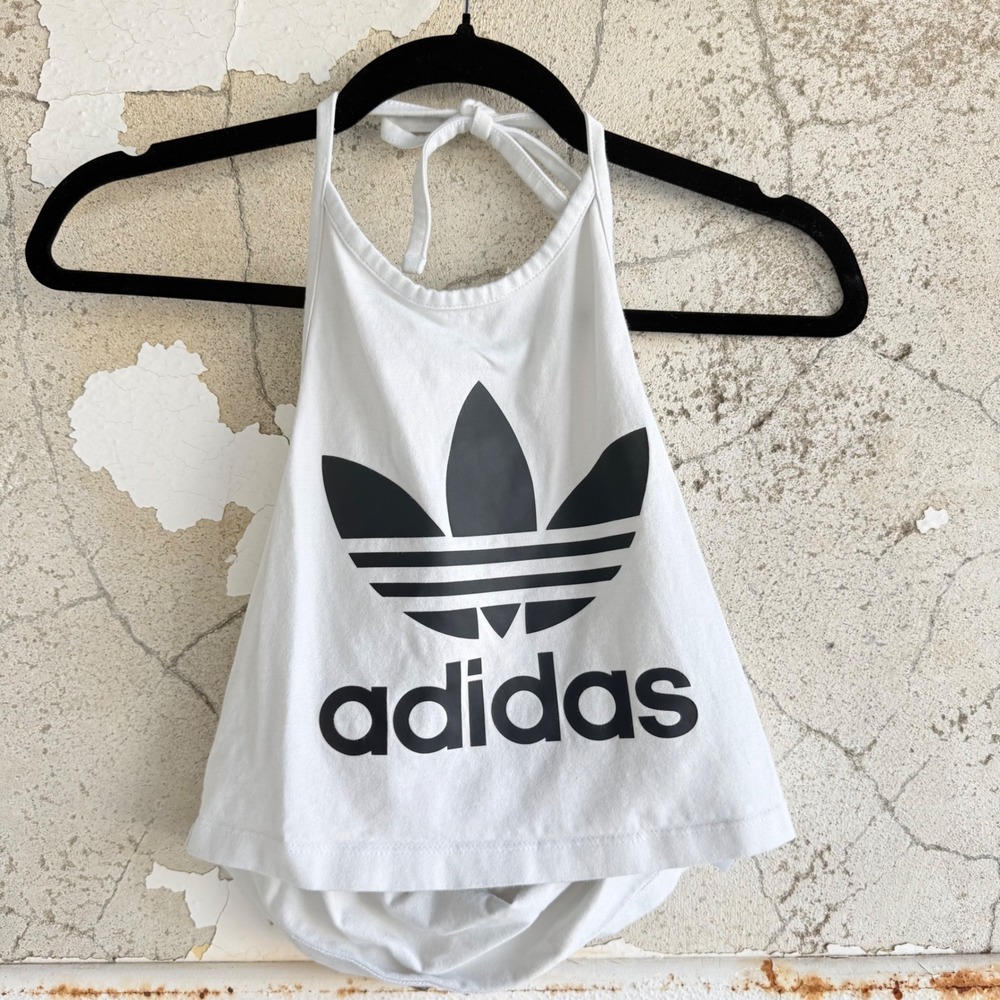 Adidas Halter Top Trefoil Logo Crop Tank Top White Black Womens S Streetstyle